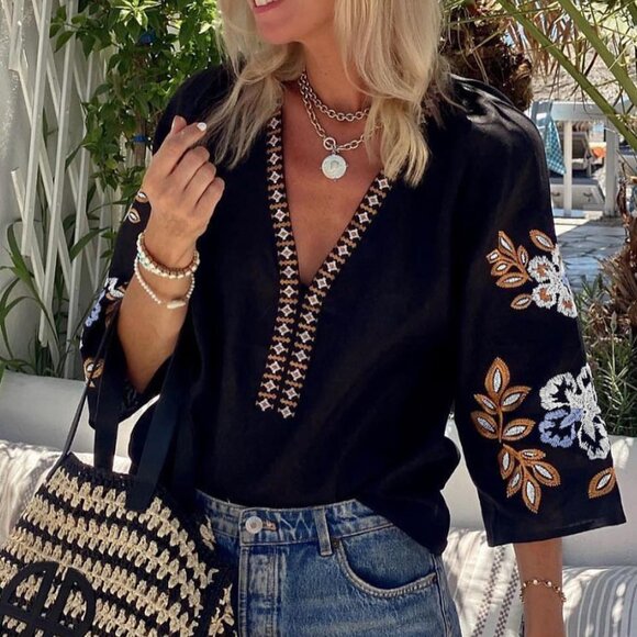 V-Neck Bohemian-Inspired Embroidered Detail Blouse